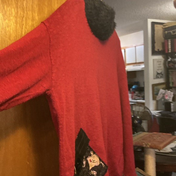 Furry Collar Bright Red Sweater Structured Chaos size large - Picture 2 of 8